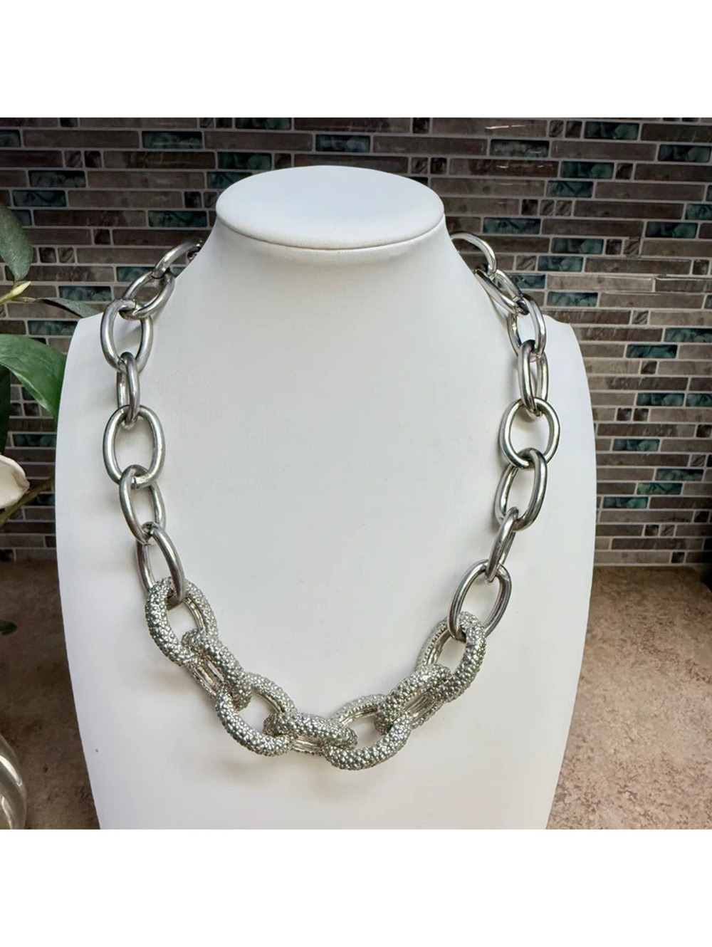Lane Bryant Chunky Silver Tone Link Necklace Pave Crystal Textured Statement